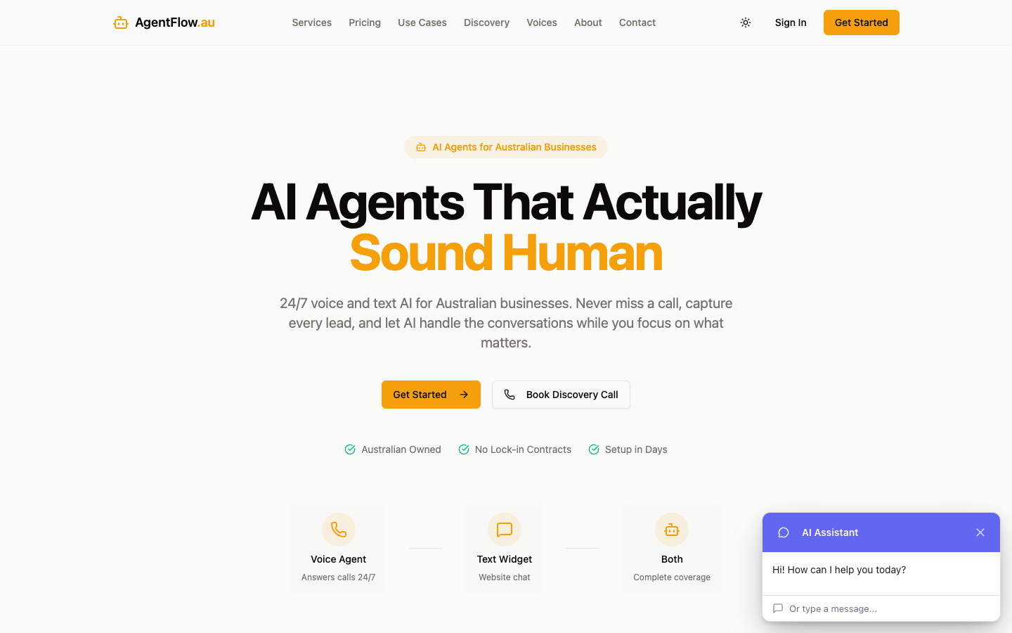 The AgentFlow website hero: 24/7 AI voice agents for Australian businesses