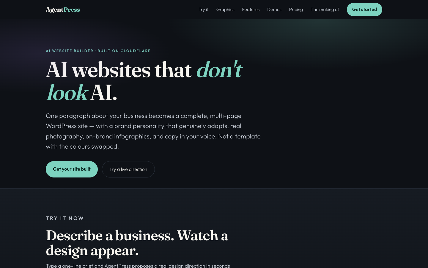 The AgentPress website: type a brief and watch a website design appear